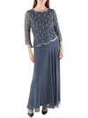 Jkara Womens Mesh Embellished Evening Dress In Grey