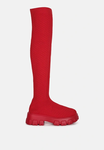 London Rag Loro Stretch Knit Knee High Boots In Red