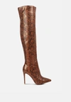 London Rag Catalina Snake Print Stiletto Knee Boots In Brown