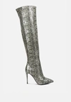 London Rag Catalina Snake Print Stiletto Knee Boots In Grey