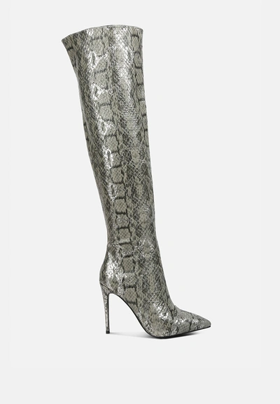 London Rag Catalina Snake Print Stiletto Knee Boots In Grey