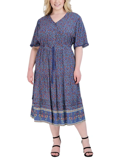 Signature By Robbie Bee Plus Womens Printed Long Midi Dress In Blue