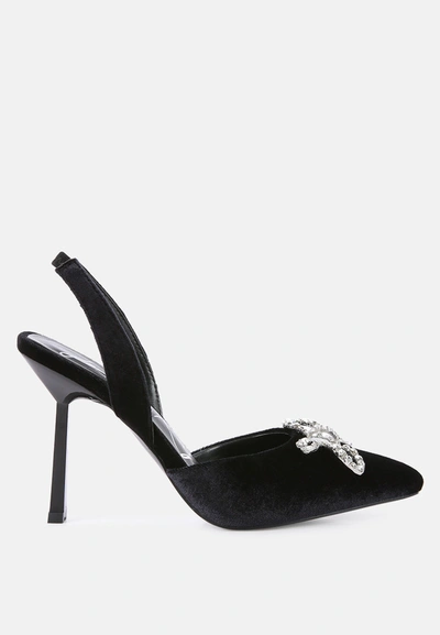 London Rag Firebird Velvet Diamante Detail Heeled Slingback Mules In Black