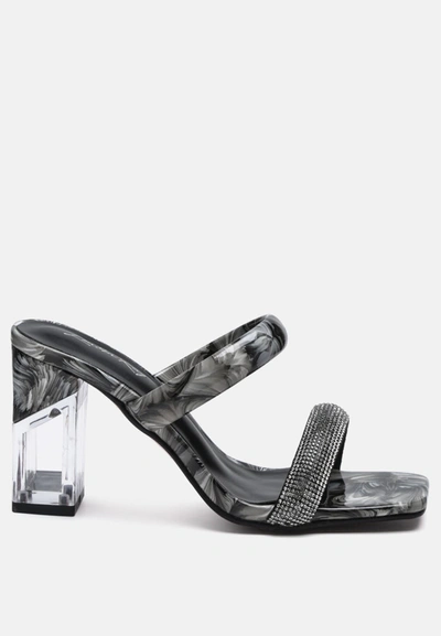 London Rag Krypton Clear Block Heeled Marble Print Slides In Black