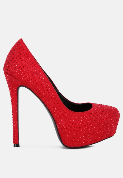 London Rag Clarisse Diamante Faux Suede High Heeled Pumps In Red