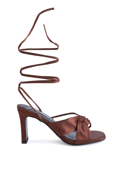 London Rag Chasm Ruched Satin Tie Up Block Heeled Sandals In Brown