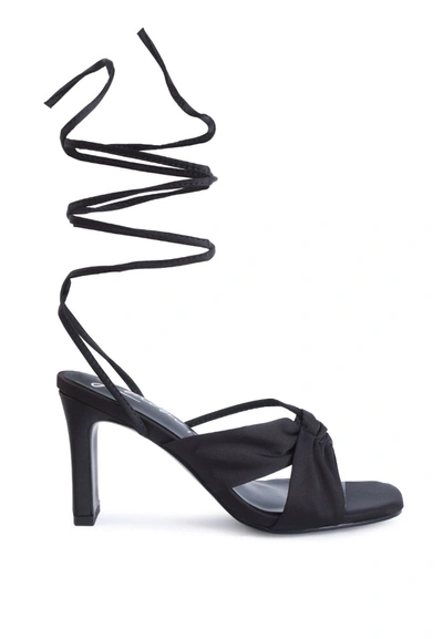 London Rag Chasm Ruched Satin Tie Up Block Heeled Sandals In Black