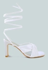 London Rag Chasm Ruched Satin Tie Up Block Heeled Sandals In White