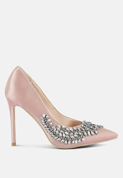 London Rag Ashlyn Rhinestones Embellished Satin Stiletto Pumps In Pink