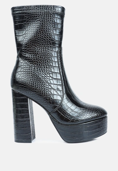 London Rag Feral High Heeled Croc Pattern Ankle Boot In Black
