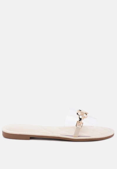 London Rag Scoth Clear Buckled Quilted Slides In Beige