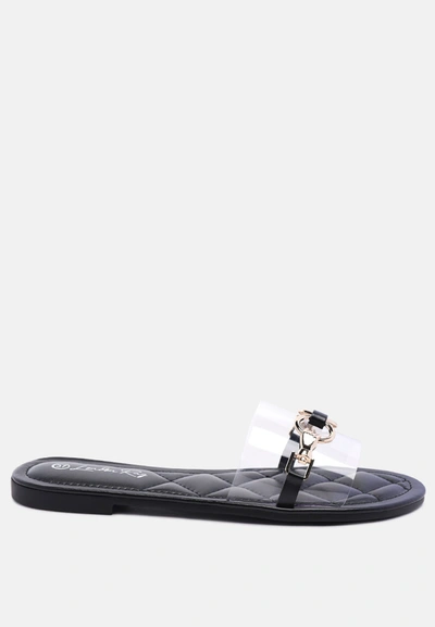 London Rag Scoth Clear Buckled Quilted Slides In Black