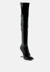 London Rag Noire Thigh High Long Boots In Patent Pu In Black