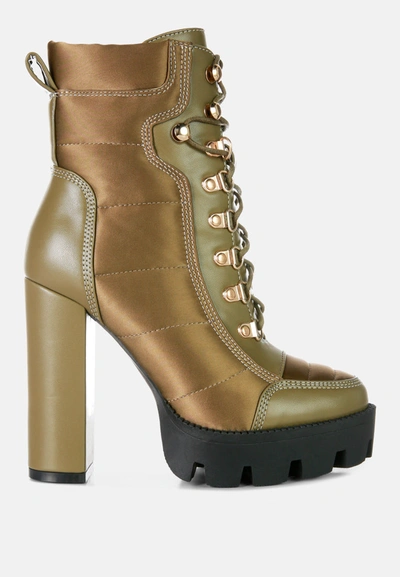 London Rag Scotch High Heel Quilted Satin Biker Boots In Green