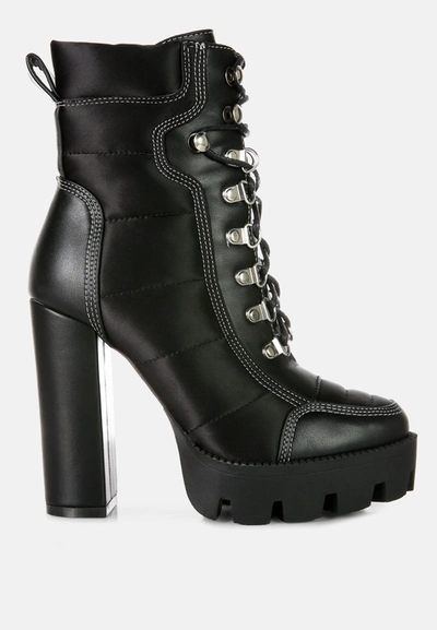 London Rag Scotch High Heel Quilted Satin Biker Boots In Black