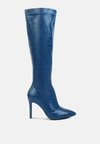 London Rag Wheedle Croc High Heeled Calf Boots In Blue