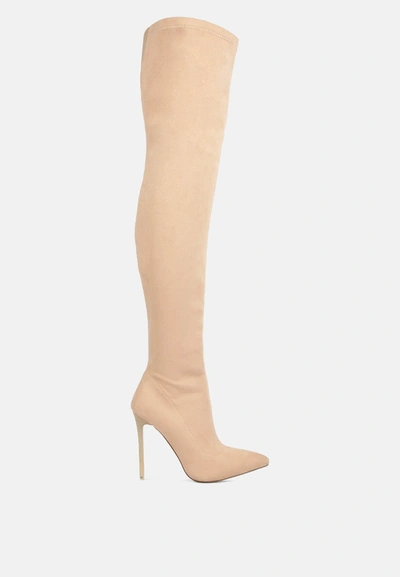 London Rag Atelier Stretch Faux Suede Stiletto Long Boots In Beige