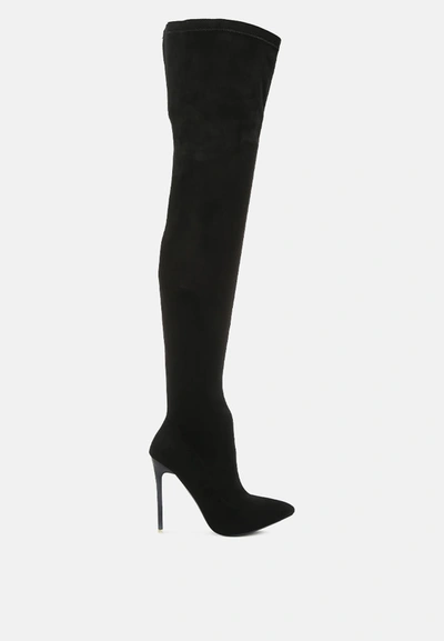 London Rag Atelier Stretch Faux Suede Stiletto Long Boots In Black