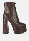 London Rag Magdalene Croc High Block Heeled Boot In Brown