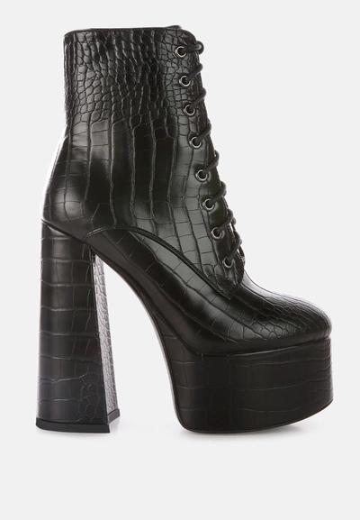 London Rag Magdalene Croc High Block Heeled Boot In Black