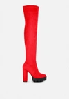 London Rag Maple High Block Heeled Faux Suede Long Boots In Red