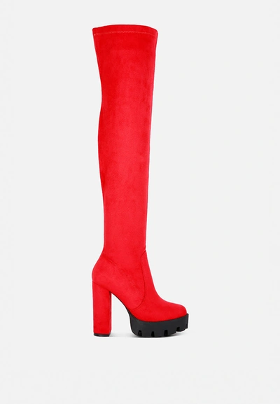 London Rag Maple High Block Heeled Faux Suede Long Boots In Red