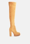 London Rag Maple High Block Heeled Faux Suede Long Boots In Multi