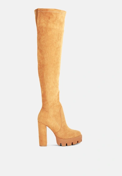 London Rag Maple High Block Heeled Faux Suede Long Boots In Tan
