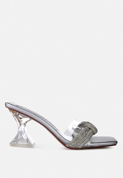 London Rag Hiorda Knotted Rhinestone Embellished Spool Heel Sandals In Silver