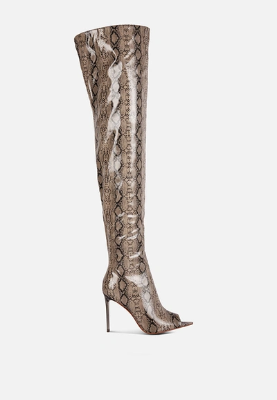 London Rag High Drama Snake Print Stiletto Long Boots In Nude