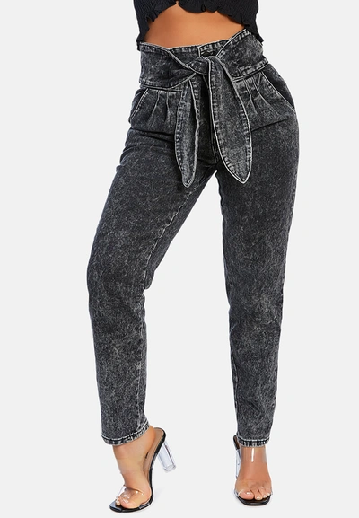 London Rag Bow Together Washed Denim Pants In Grey