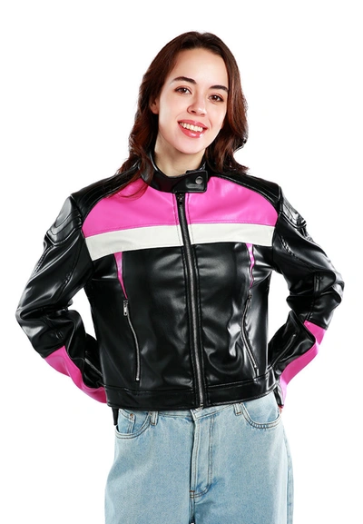 London Rag Color Block Faux Leather Biker Jacket In Black