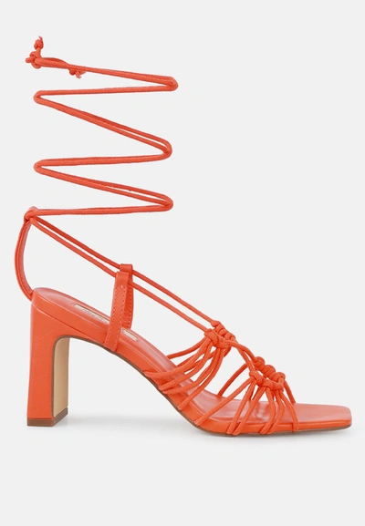London Rag Strings Attach Braided Tie Up Block Heel Sandals In Orange