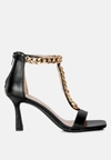 London Rag Real Gem Mid Heel Chain Detail T Strap Sandal In Black