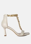 London Rag Real Gem Mid Heel Chain Detail T Strap Sandal In Brown