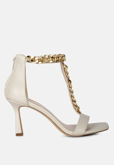 London Rag Real Gem Mid Heel Chain Detail T Strap Sandal In Brown
