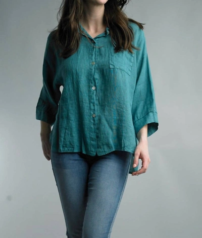 Tempo Paris Wash Linen Button Down Shirt In Teal In Blue