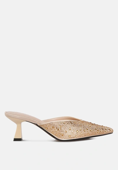 London Rag Aldora Rhinestones Embellished Satin Mules In Gold