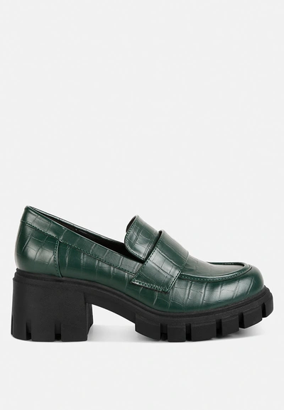 London Rag Benz Chunky Block Heel Loafers In Dark Green