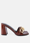 London Rag Playdoll Metal Chain Detail Block Heel Sandal In Brown