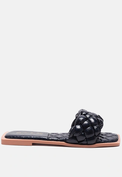 London Rag Marcue Patent Pu Quilted Slides In Woven Straps Slipper In Black