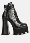 London Rag Boogie High Platform Block Heel Lace Up Biker Boots In Black