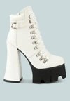 London Rag Boogie High Platform Block Heel Lace Up Biker Boots In White