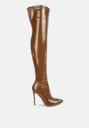 London Rag Riggle Patent Pu Stiletto Long Boots In Brown