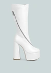 London Rag Tzar Faux Leather High Heeled Platfrom Calf Boots In White
