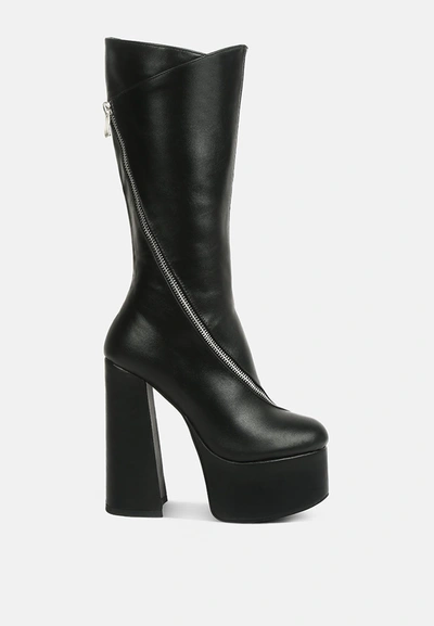 London Rag Tzar Faux Leather High Heeled Platfrom Calf Boots In Black