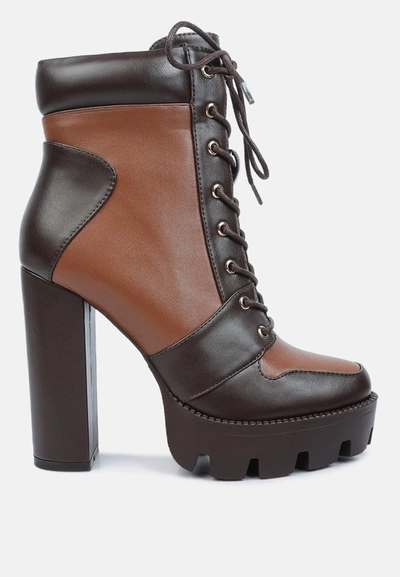 London Rag Moos Cow Printed Lace-up Block Heel Boots In Brown