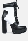 London Rag Moos Cow Printed Lace-up Block Heel Boots In Black,white