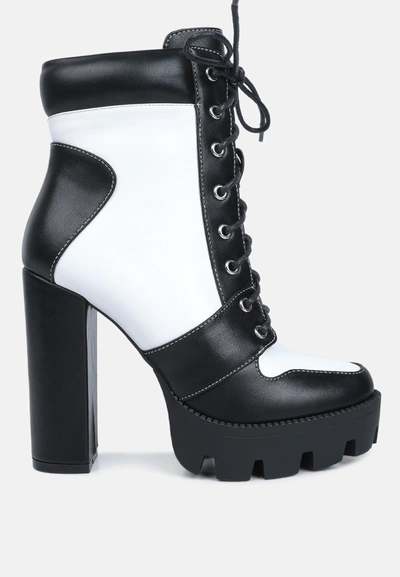 London Rag Moos Cow Printed Lace-up Block Heel Boots In Black,white