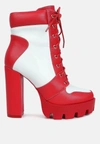 London Rag Moos Cow Printed Lace-up Block Heel Boots In Red
